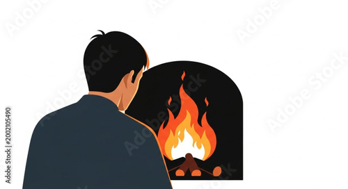 Man Gazing into a Warm Fireplace.