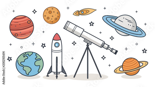 Space exploration set with planets, rocket, and telescope handdrawn vector illustration of cosmic elements for kids, science, and astronomy design projects