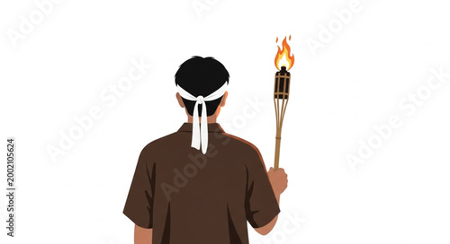 Man Holding Burning Torch with White Headband.