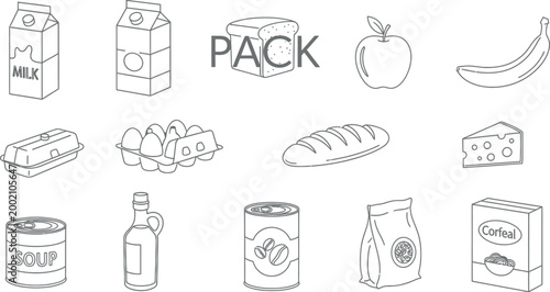 Collection of simple line art drawings featuring various grocery items including milk, eggs, bread, fruit, cheese, and canned goods for everyday use.