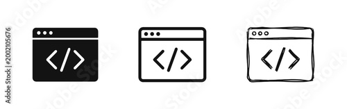 Web Development Icon Set, Browser Window with Code Coding Symbol in Three Styles: Solid, Outline, and Sketch
