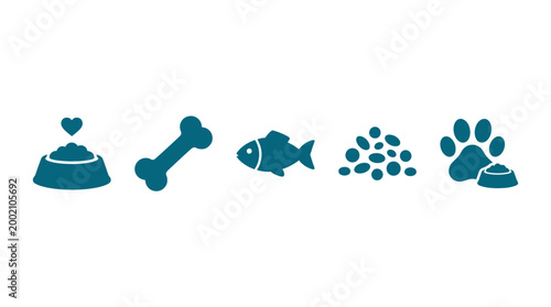 Pet Food Icons: Bowl, Bone, Fish, Kibble, Paw Print, and Bowl