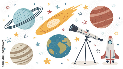 Set of space elements with planets, comet, telescope and rocket hand drawn vector illustration of outer space objects for kids design, posters, stickers and educational materials