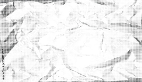 Halftone crumpled paper texture with black a dotted, rough, and wrinkled surface. Wite creased sheet background in comic pop-art style, featuring grainy folds and gritty distressed details.