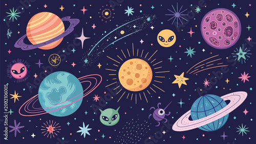 Seamless pattern with cute space elements, planets, stars, comets and aliens on a dark blue background vector illustration for kids