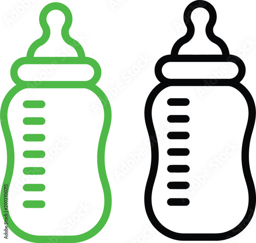 Comparison of two different baby bottle designs with distinct outlines and nipple shapes