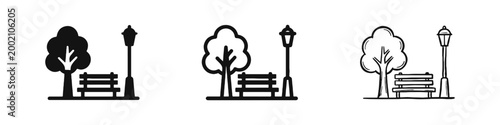 Public Park Bench with Tree and Street Lamp Icon