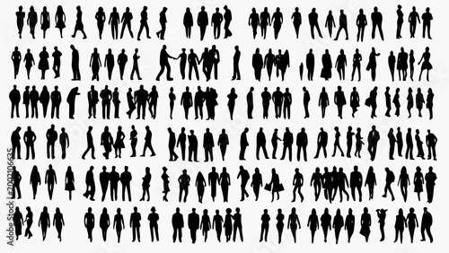 collection of black human silhouettes in various poses on a white background