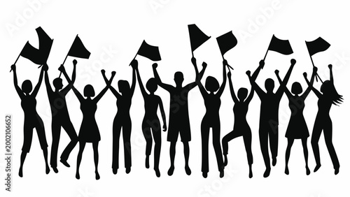 Silhouette of a crowd raising flags cheering people in black