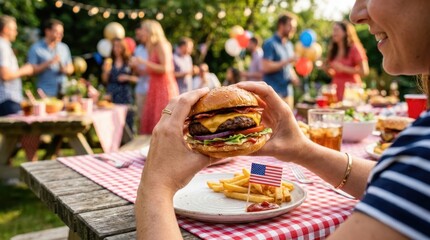 Enjoying a delicious homemade burger and fries at a backyard summer barbecue party