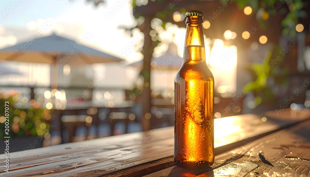 Fototapeta premium Botella de cerveza sin etiqueta sobre mesa de madera al atardecer