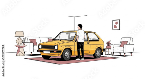 Man Standing Next to Yellow Car Inside Living Room.