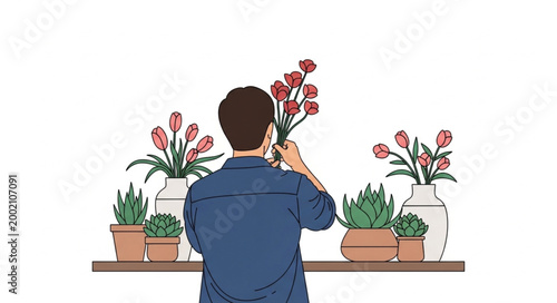 Man tending to plants and flowers on a shelf.