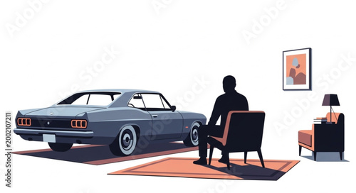 Man sits in chair next to classic car inside room.