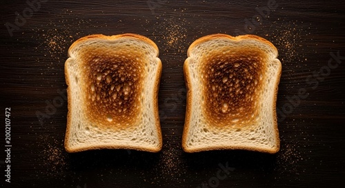 Two slices of burnt toast on a dark wooden table