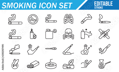 Cigarette Ashtray Lighter Vape and Tobacco Icons Set