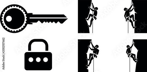 Security and Rock Climbing Icon Set with Key, Padlock, Safety Lock Symbols and Mountaineer Climber Scaling Cliff Wall Designs