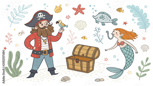 Cute pirate and mermaid underwater scene with treasure chest, parrot, fish, and sea plants