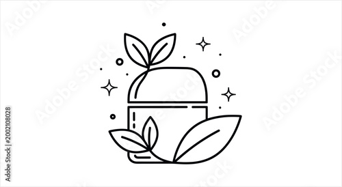 Natural organic cosmetic cream jar with leaves and sparkles line art icon.
