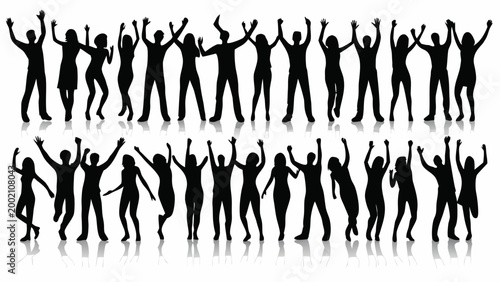 group of people silhouettes with arms raised dynamic poses black and white