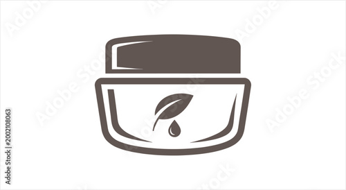 Natural Skincare Cream Jar with Leaf and Drop Icon.