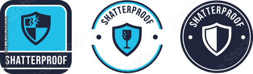 Shatterproof badge icons set, vector shield logo designs for safety, durability, and protection labels