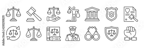  Set of Law and Justice Line Icons - Scales of Justice, Judge Gavel, Handcuffs, Police Officer, and Legal System Symbols