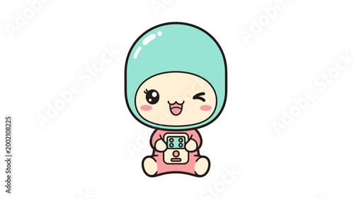Kawaii astronaut character vector, cute chibi space traveler in pink suit and teal helmet, happy winking baby astronaut mascot for nursery decor