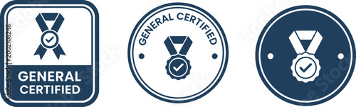 General Certified Badge Icons Set – Blue Vector Medals with Check Mark for Quality Assurance and Certification