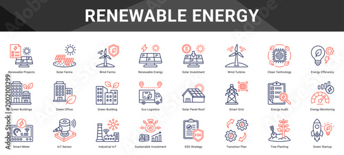 RENEWABLE ENERGY  Icon set collection. Vector icon pack featuring thematic icons for your presentations or business.