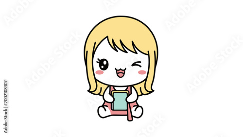 Kawaii blonde girl character vector, cute chibi female mascot winking and holding a book, adorable anime style student illustration for education