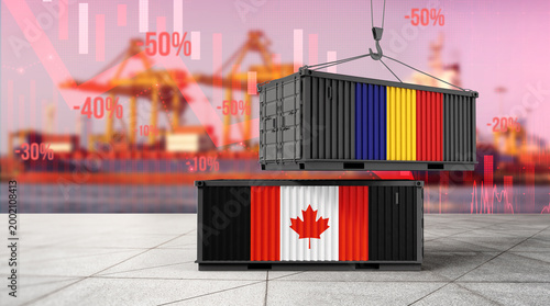 Bild auf Leinwand Global Trade Dynamics: Two shipping containers, adorned with the national flags of Canada and Romania, are suspended, offering a visual narrative on international trade and economic trends