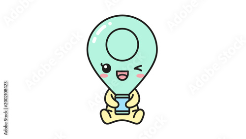 Kawaii map pin character illustration, cute mint green location pointer mascot, happy winking gps marker emoji vector for travel apps