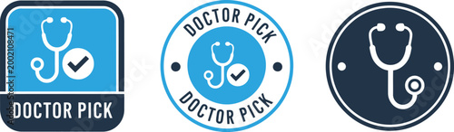 Doctor Pick Badge Icons with Stethoscope and Check Mark for Medical Approval and Healthcare Certification