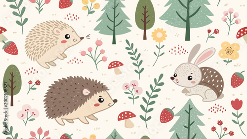 Seamless pattern with cute forest animals, hedgehogs, bunny, pine trees, mushrooms and strawberries on cream background woodland vector illustration for kids