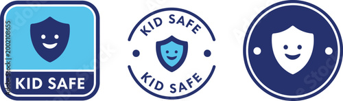 Kid Safe Badge Icons Set – Blue Shield Emblem for Child Safety, Security, and Protection Labels