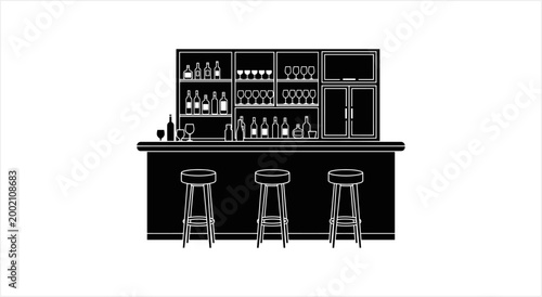 Classic Bar Counter with Stools and Shelves Full of Bottles.