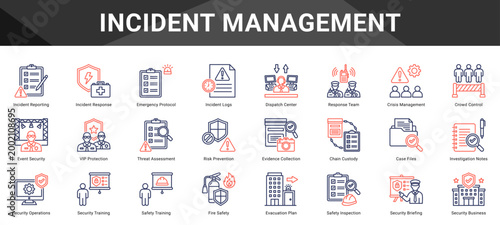 INCIDENT MANAGEMENT  Icon set collection. Vector icon pack featuring thematic icons for your presentations or business.