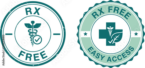 RX Free Badge Icons for Over-the-Counter Medication and Pharmacy Labeling in Green Vector Style