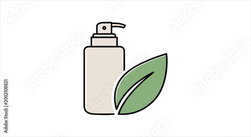 Eco-friendly cosmetic pump bottle with green leaf illustration.