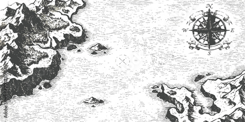 Old vintage fantasy map with coastline mountains and a traditional nautical compass rose illustration