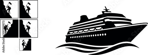 Cruise Ship and Mountain Climber Icon Set with Ocean Liner, Sailor Vessel, Hiker Reaching Summit Flag Symbols for Travel Adventure Designs