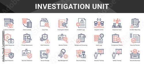 INVESTIGATION UNIT  Icon set collection. Vector icon pack featuring thematic icons for your presentations or business.
