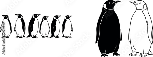 Penguin Silhouette Icon Set with Arctic Bird Group, Emperor Penguin Pair and Wildlife Symbols for Winter, Zoo and Nature Designs