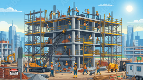 Construction site with crane lifting building materials workers on scaffolding city skyline background industrial development scene