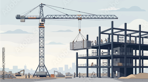 Construction site with crane lifting building materials workers on scaffolding city skyline background industrial development scene