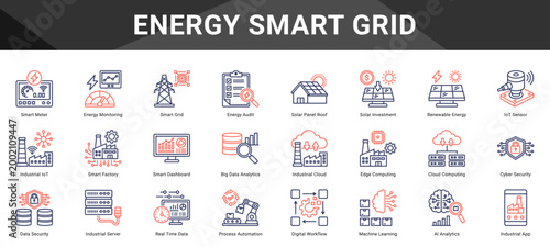 ENERGY SMART GRID  Icon set collection. Vector icon pack featuring thematic icons for your presentations or business.