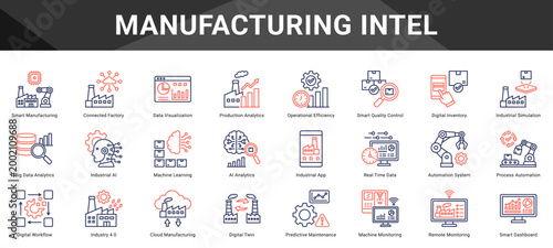 MANUFACTURING INTEL  Icon set collection. Vector icon pack featuring thematic icons for your presentations or business.
