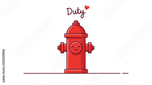 Red Fire Hydrant Character with Duty Text, Cute Kawaii Fire Safety and Protection Equipment Vector Illustration for Public Service Concept