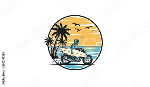 Vintage motorcycle surf logo with rider surfboard tropical beach palm trees sunset vector design